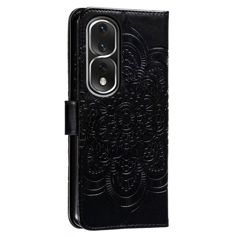 Uniqkart for Honor 80 Pro 5G PU Leather Wallet Stand Phone Cover Imprinting Mandala Flower Protective Case - Black