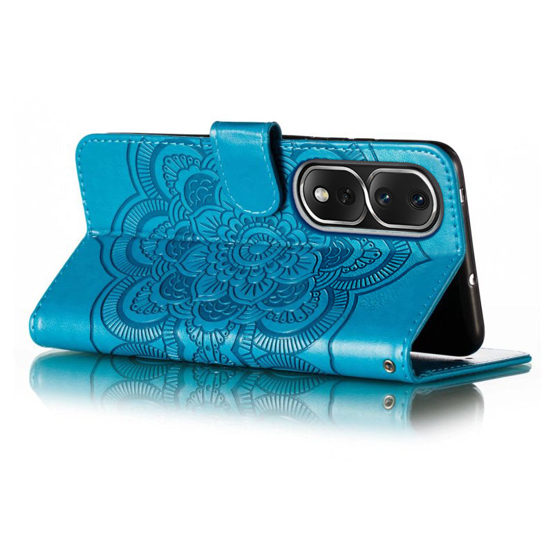 Uniqkart for Honor 80 Pro 5G PU Leather Wallet Stand Phone Cover Imprinting Mandala Flower Protective Case - Blue