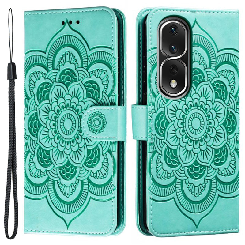 Uniqkart for Honor 80 Pro 5G PU Leather Wallet Stand Phone Cover Imprinting Mandala Flower Protective Case - Green