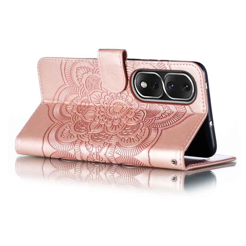Uniqkart for Honor 80 Pro 5G PU Leather Wallet Stand Phone Cover Imprinting Mandala Flower Protective Case - Rose Gold