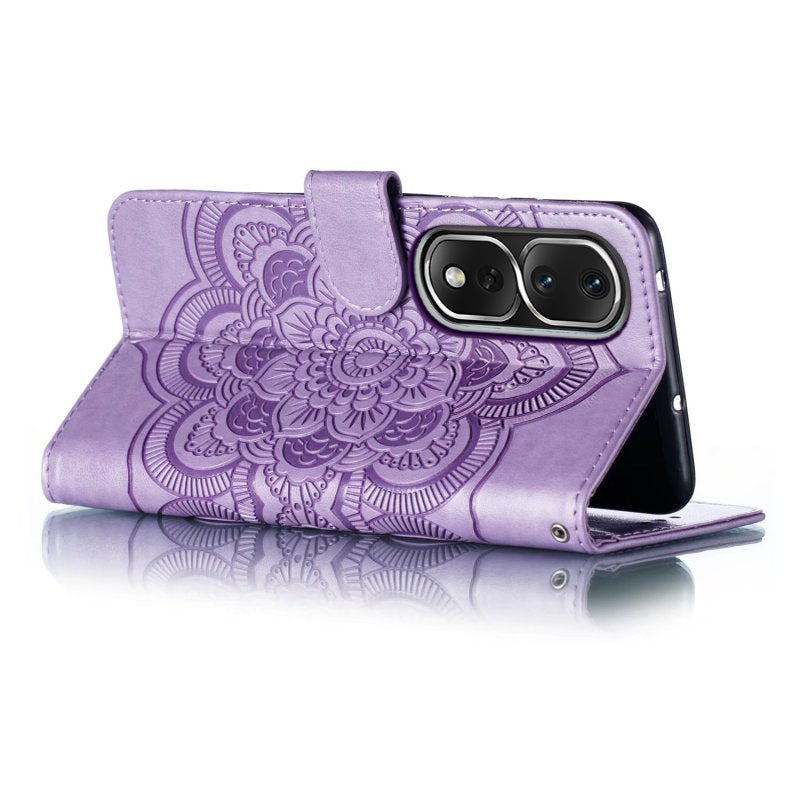 Uniqkart for Honor 80 Pro 5G PU Leather Wallet Stand Phone Cover Imprinting Mandala Flower Protective Case - Purple