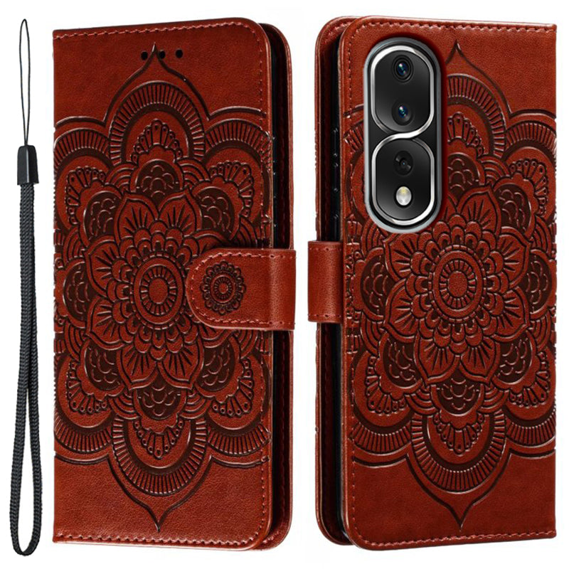 Uniqkart for Honor 80 Pro 5G PU Leather Wallet Stand Phone Cover Imprinting Mandala Flower Protective Case - Brown