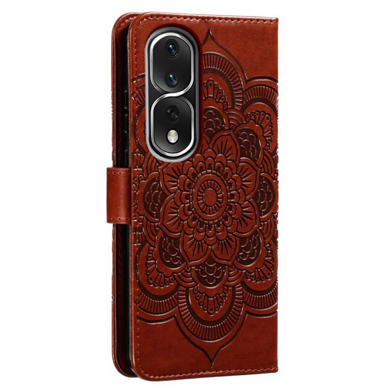 Uniqkart for Honor 80 Pro 5G PU Leather Wallet Stand Phone Cover Imprinting Mandala Flower Protective Case - Brown