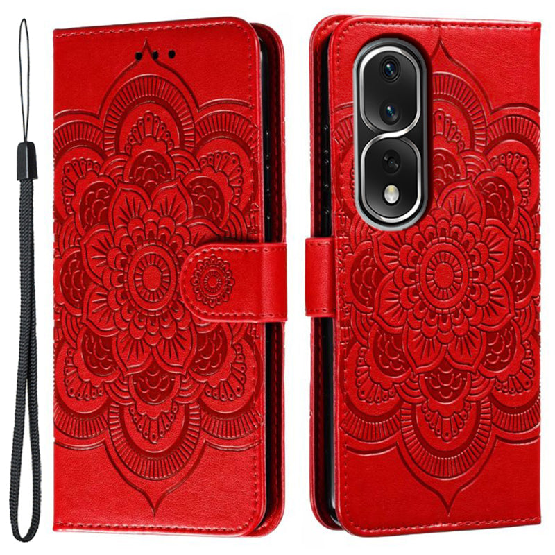 Uniqkart for Honor 80 Pro 5G PU Leather Wallet Stand Phone Cover Imprinting Mandala Flower Protective Case - Red