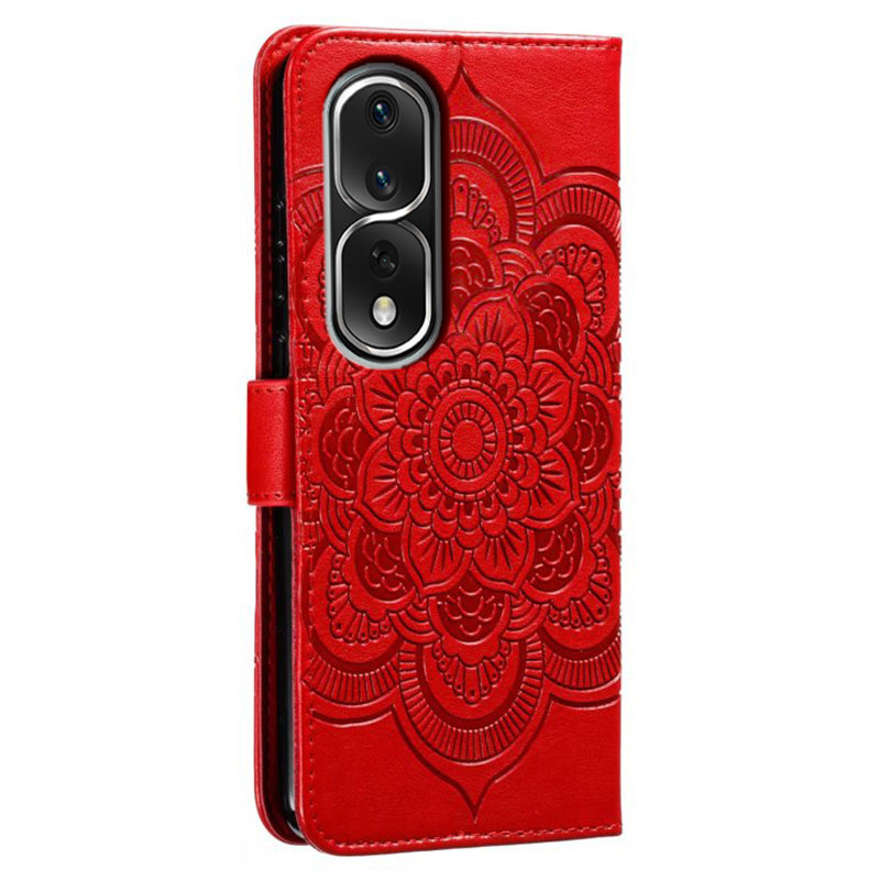 Uniqkart for Honor 80 Pro 5G PU Leather Wallet Stand Phone Cover Imprinting Mandala Flower Protective Case - Red
