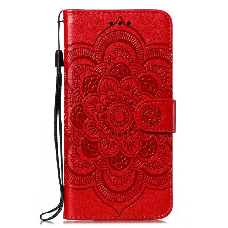 Uniqkart for Xiaomi Redmi 10C 4G PU Leather Wallet Stand Case Imprinting Mandala Flower Phone Cover - Red
