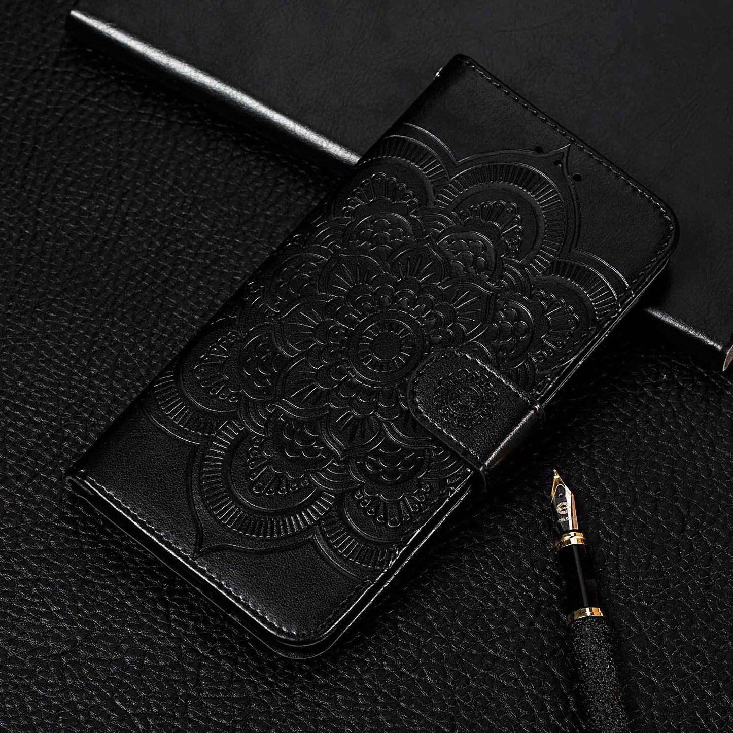 Uniqkart for Xiaomi Redmi 12C 4G Leather Wallet Phone Cover Mandala Imprinted Drop-proof Stand Case - Black