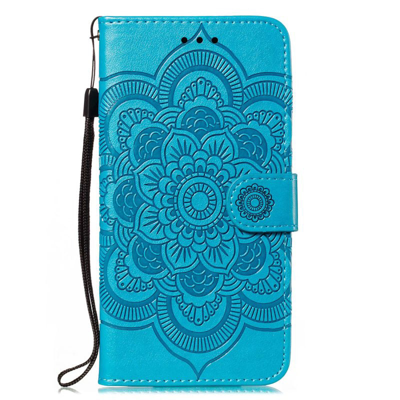 Uniqkart for Xiaomi Redmi 12C 4G Leather Wallet Phone Cover Mandala Imprinted Drop-proof Stand Case - Blue
