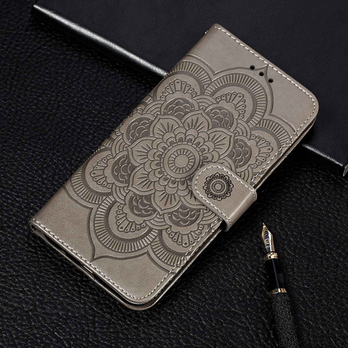 Uniqkart for Xiaomi Redmi 12C 4G Leather Wallet Phone Cover Mandala Imprinted Drop-proof Stand Case - Grey