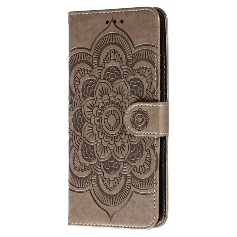 Uniqkart for Xiaomi Redmi 12C 4G Leather Wallet Phone Cover Mandala Imprinted Drop-proof Stand Case - Grey