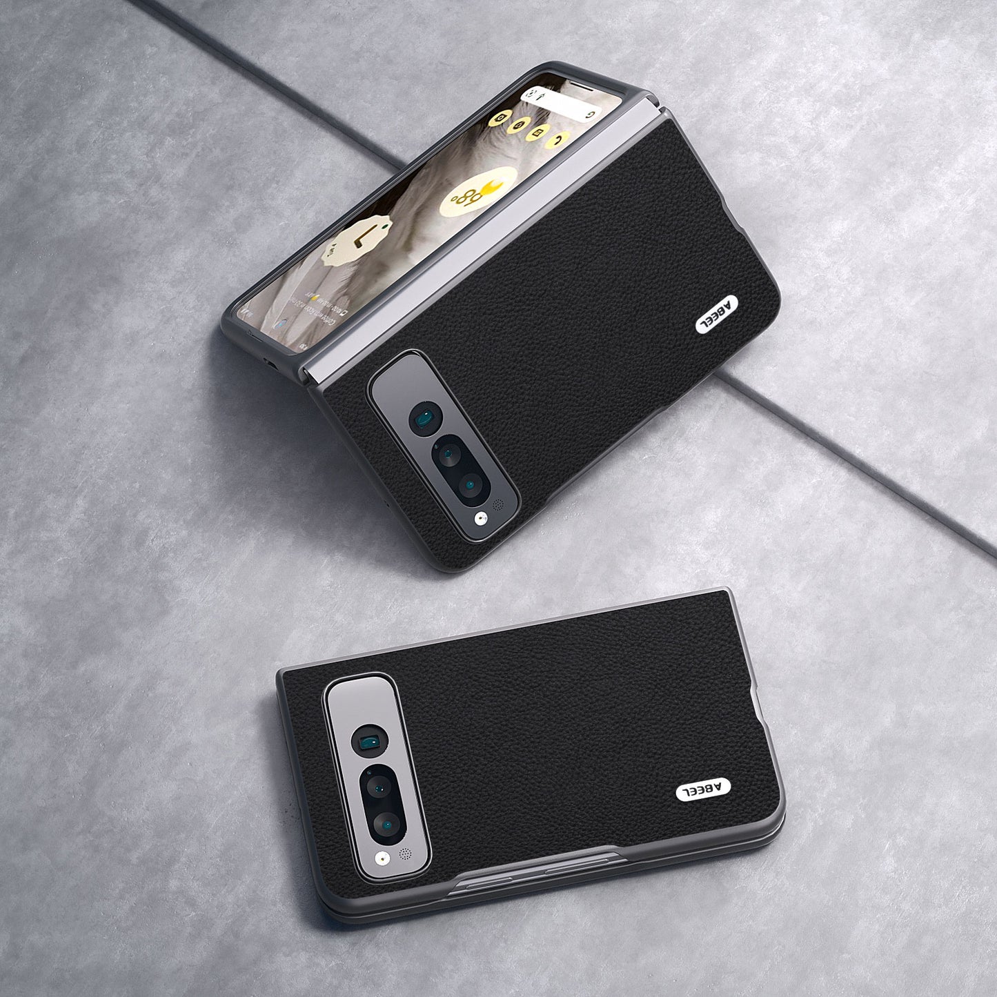 Uniqkart for Google Pixel Fold Cowhide Leather + Hard PC Cover Litchi Texture Folding Protective Phone Case - Black