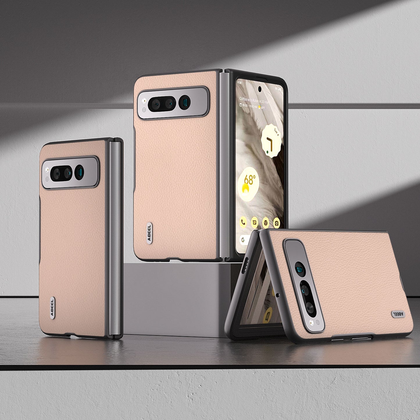 Uniqkart for Google Pixel Fold Cowhide Leather + Hard PC Cover Litchi Texture Folding Protective Phone Case - Pink