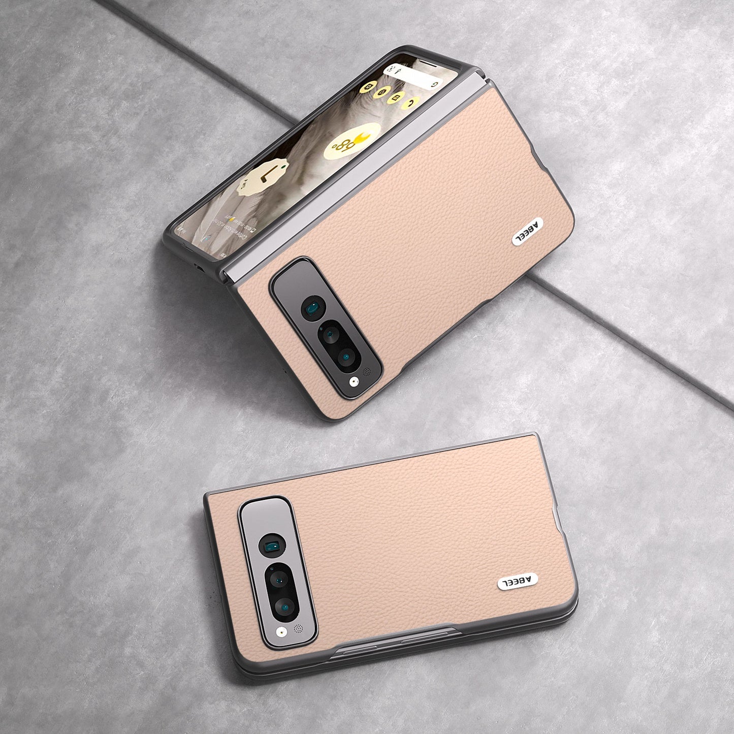 Uniqkart for Google Pixel Fold Cowhide Leather + Hard PC Cover Litchi Texture Folding Protective Phone Case - Pink