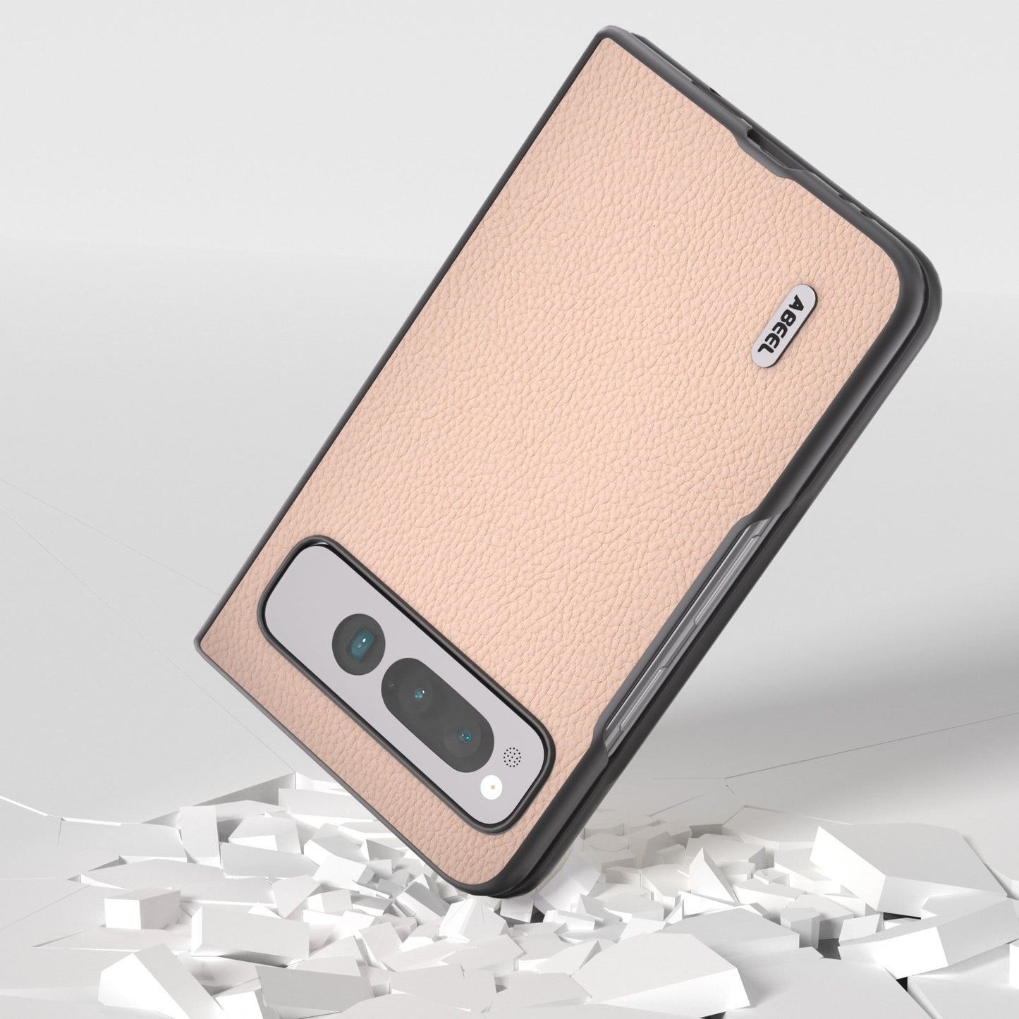 Uniqkart for Google Pixel Fold Cowhide Leather + Hard PC Cover Litchi Texture Folding Protective Phone Case - Pink