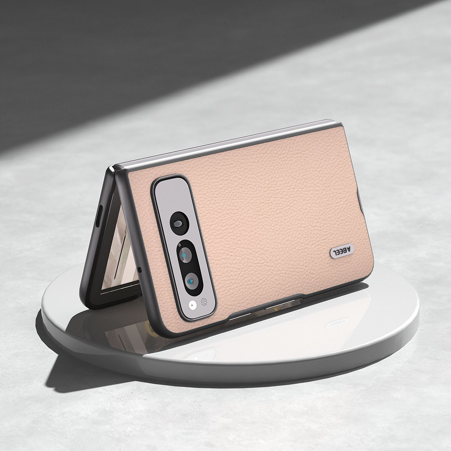 Uniqkart for Google Pixel Fold Cowhide Leather + Hard PC Cover Litchi Texture Folding Protective Phone Case - Pink