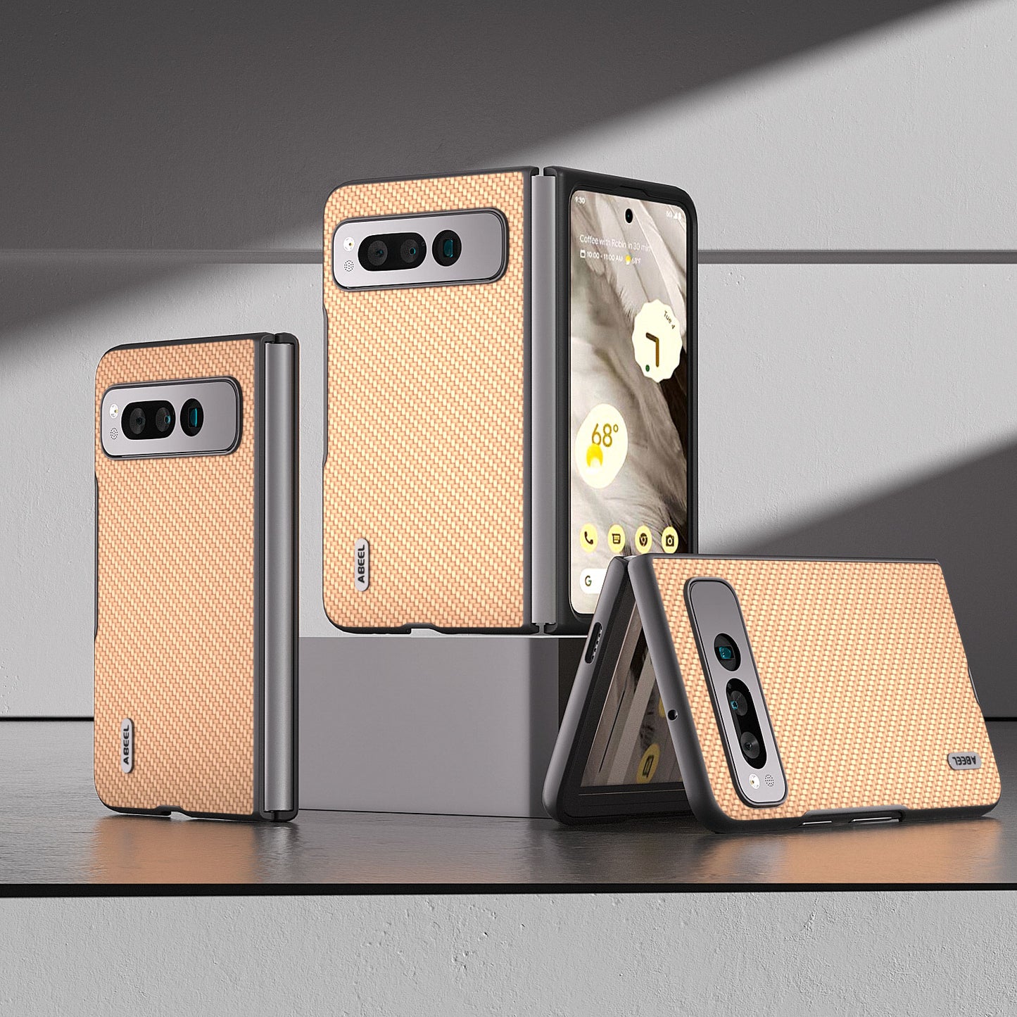 Uniqkart For Google Pixel Fold PU Leather + Hard PC Phone Case Carbon Fiber Texture Folding Shockproof Cover - Light Yellow