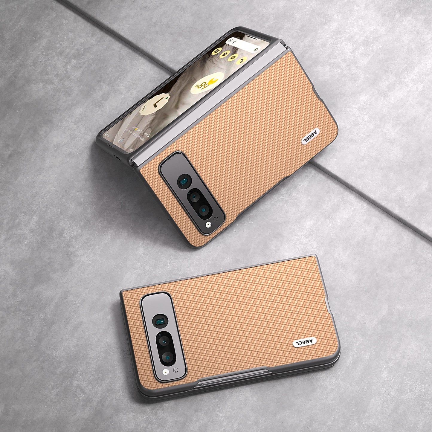 Uniqkart For Google Pixel Fold PU Leather + Hard PC Phone Case Carbon Fiber Texture Folding Shockproof Cover - Light Yellow