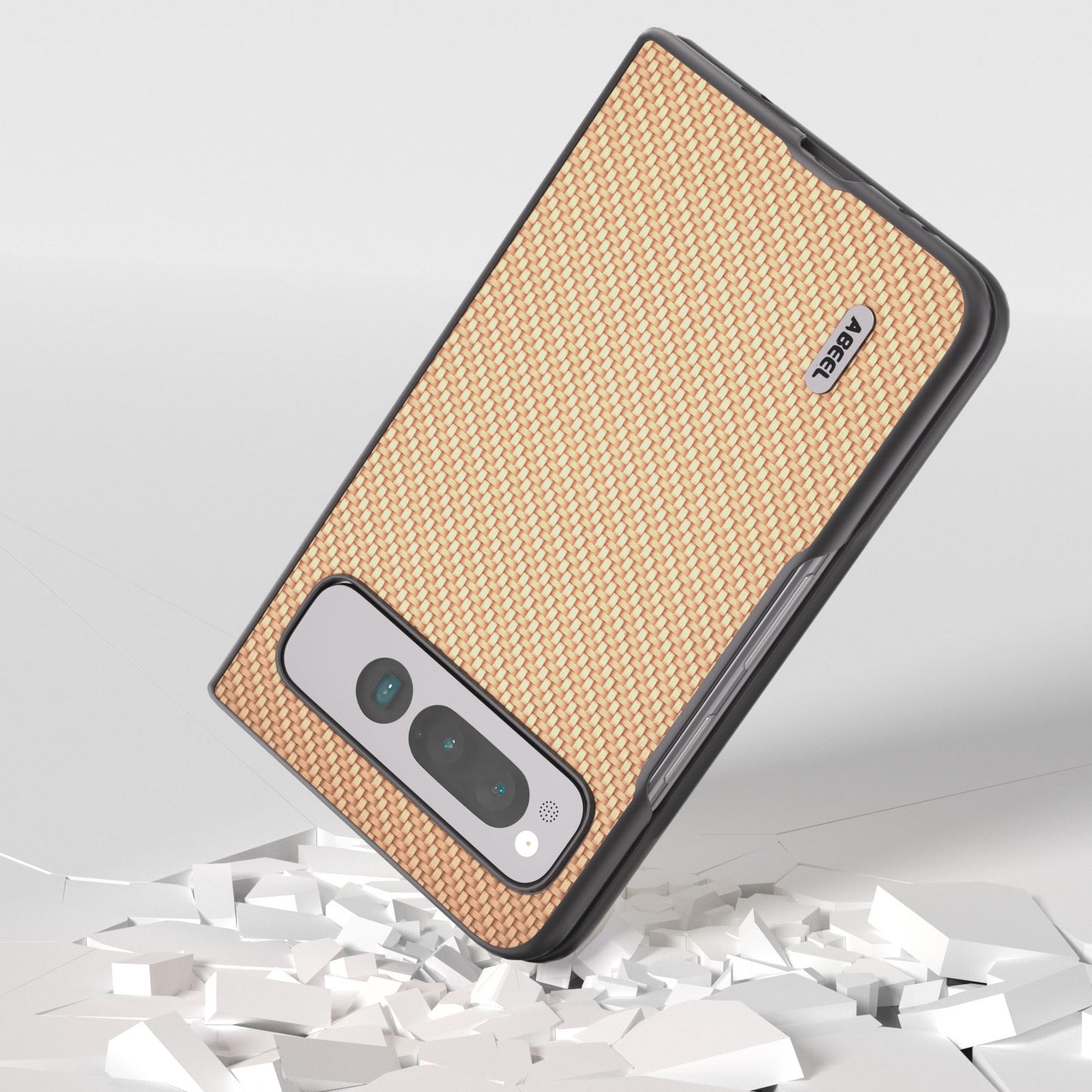 Uniqkart For Google Pixel Fold PU Leather + Hard PC Phone Case Carbon Fiber Texture Folding Shockproof Cover - Light Yellow