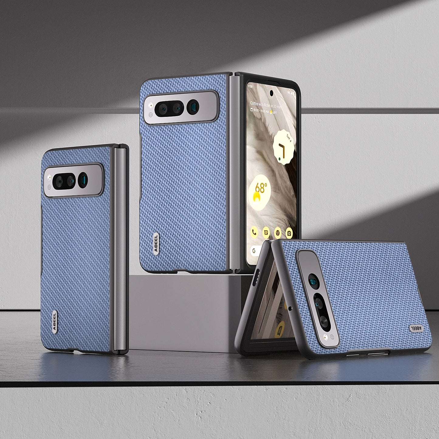 Uniqkart For Google Pixel Fold PU Leather + Hard PC Phone Case Carbon Fiber Texture Folding Shockproof Cover - Baby Blue