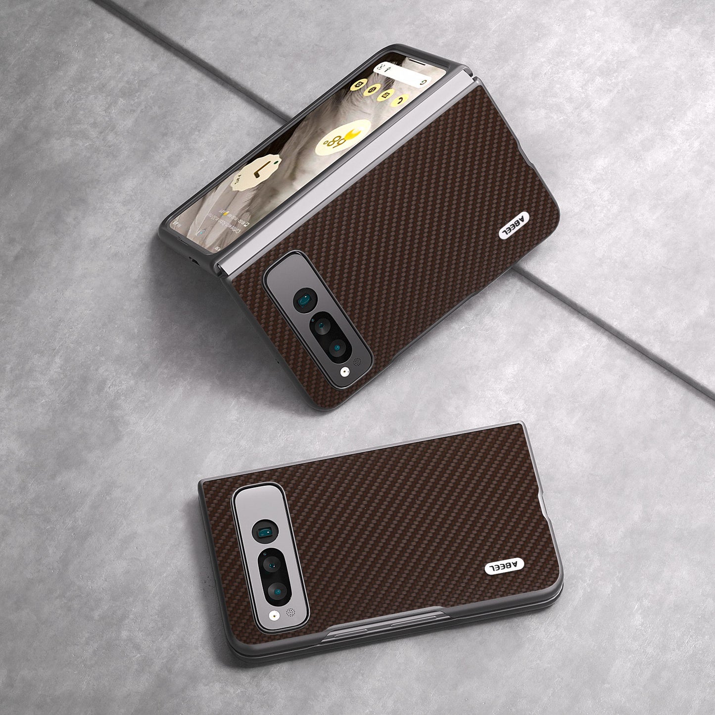 Uniqkart For Google Pixel Fold PU Leather + Hard PC Phone Case Carbon Fiber Texture Folding Shockproof Cover - Brown
