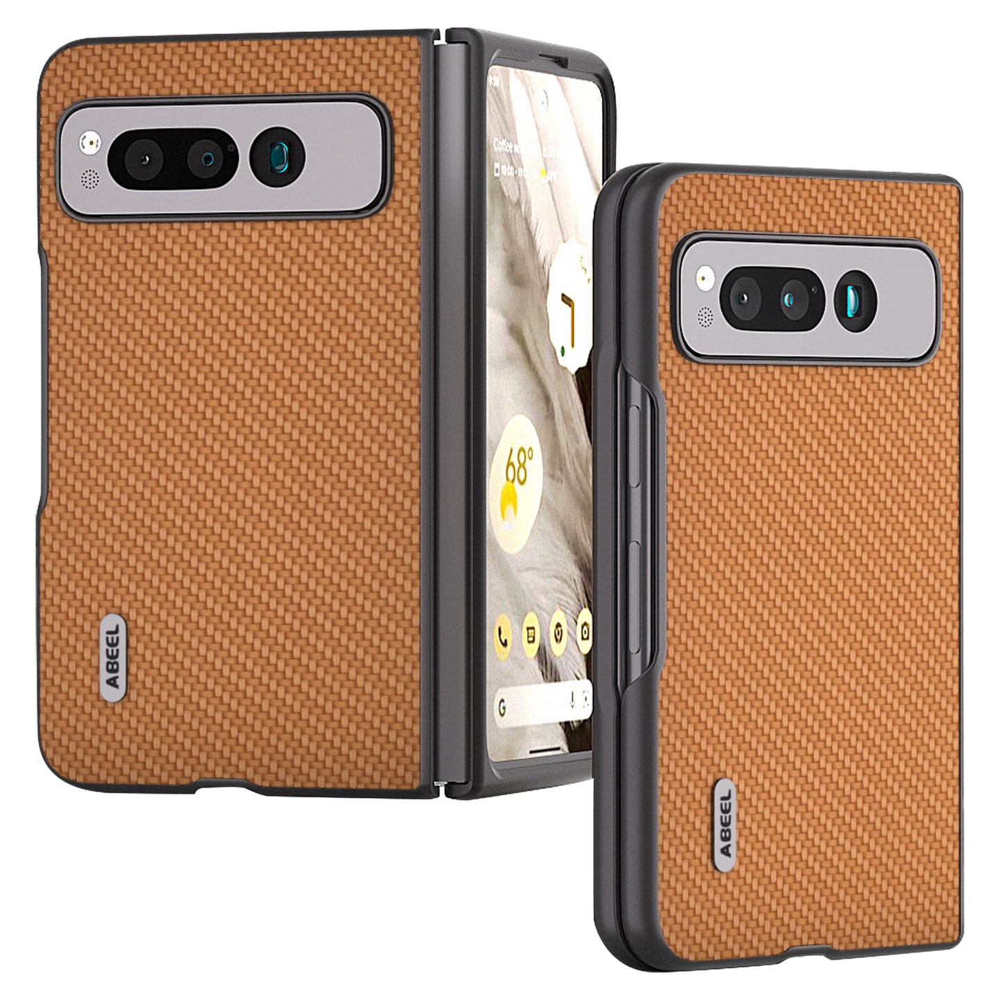 Uniqkart For Google Pixel Fold PU Leather + Hard PC Phone Case Carbon Fiber Texture Folding Shockproof Cover - Light Brown