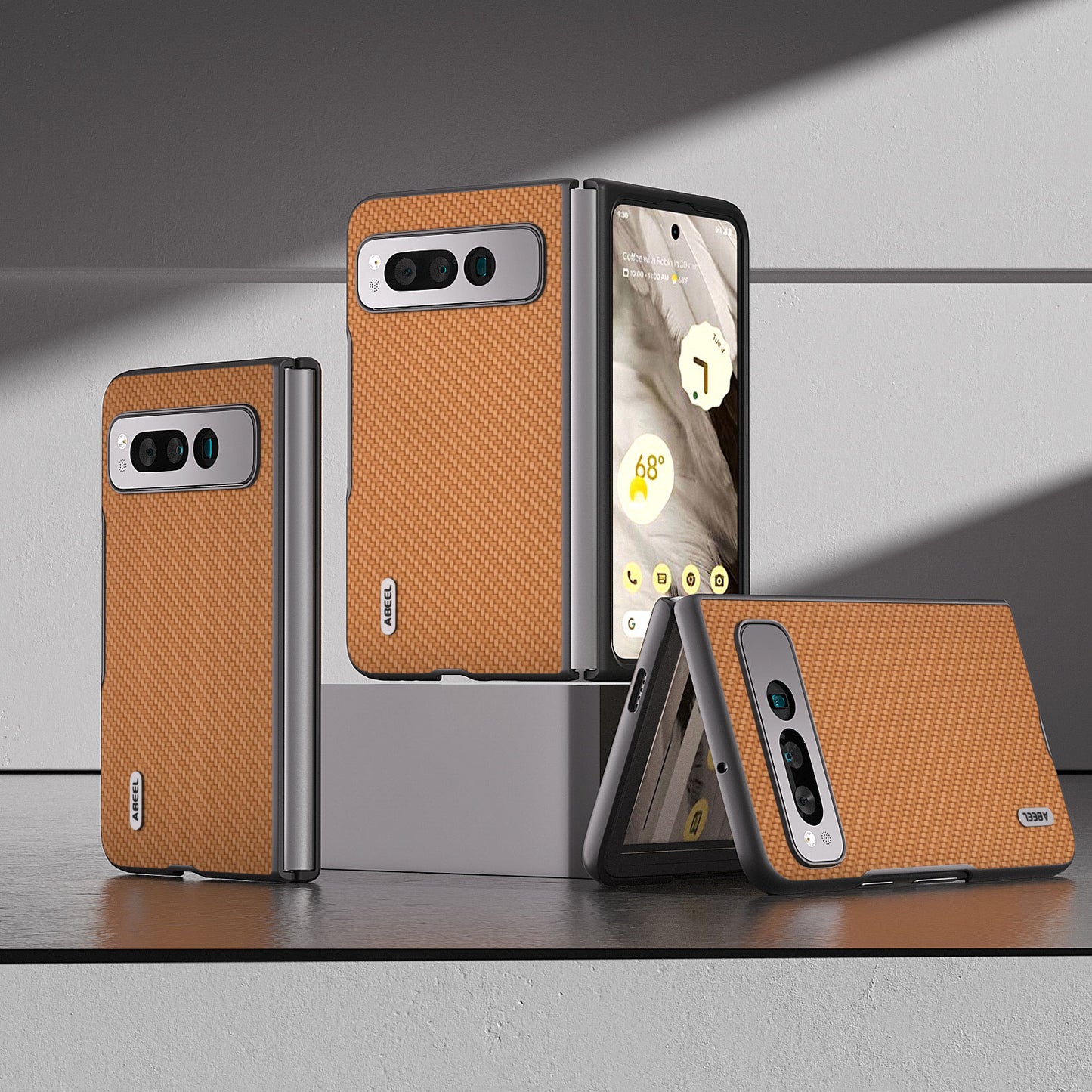 Uniqkart For Google Pixel Fold PU Leather + Hard PC Phone Case Carbon Fiber Texture Folding Shockproof Cover - Light Brown