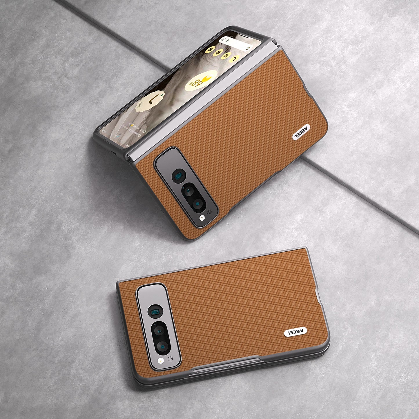 Uniqkart For Google Pixel Fold PU Leather + Hard PC Phone Case Carbon Fiber Texture Folding Shockproof Cover - Light Brown