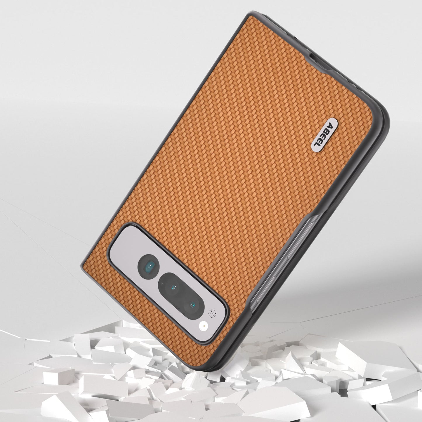 Uniqkart For Google Pixel Fold PU Leather + Hard PC Phone Case Carbon Fiber Texture Folding Shockproof Cover - Light Brown