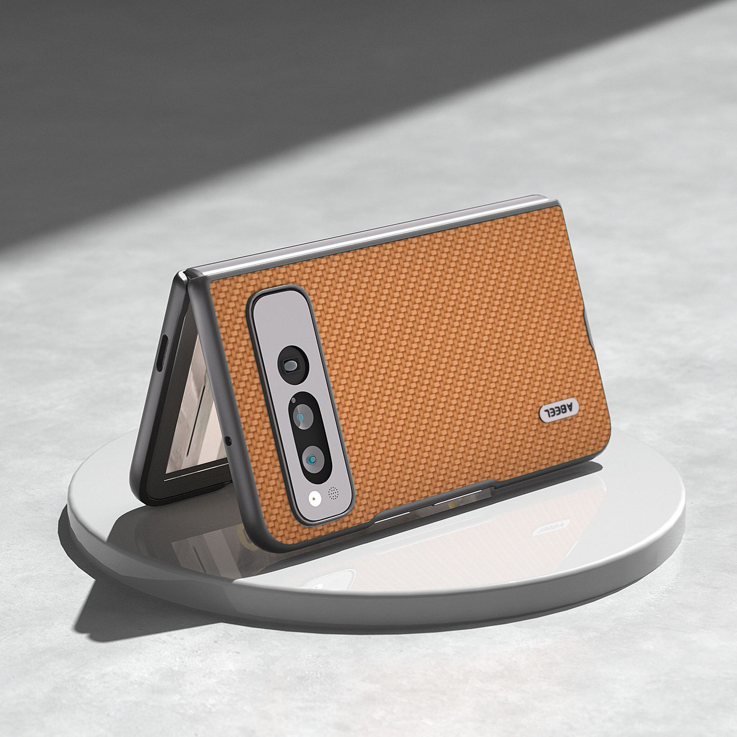 Uniqkart For Google Pixel Fold PU Leather + Hard PC Phone Case Carbon Fiber Texture Folding Shockproof Cover - Light Brown