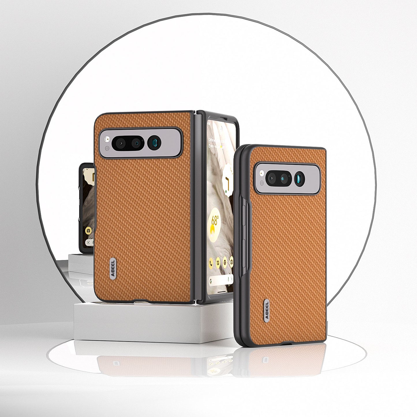 Uniqkart For Google Pixel Fold PU Leather + Hard PC Phone Case Carbon Fiber Texture Folding Shockproof Cover - Light Brown