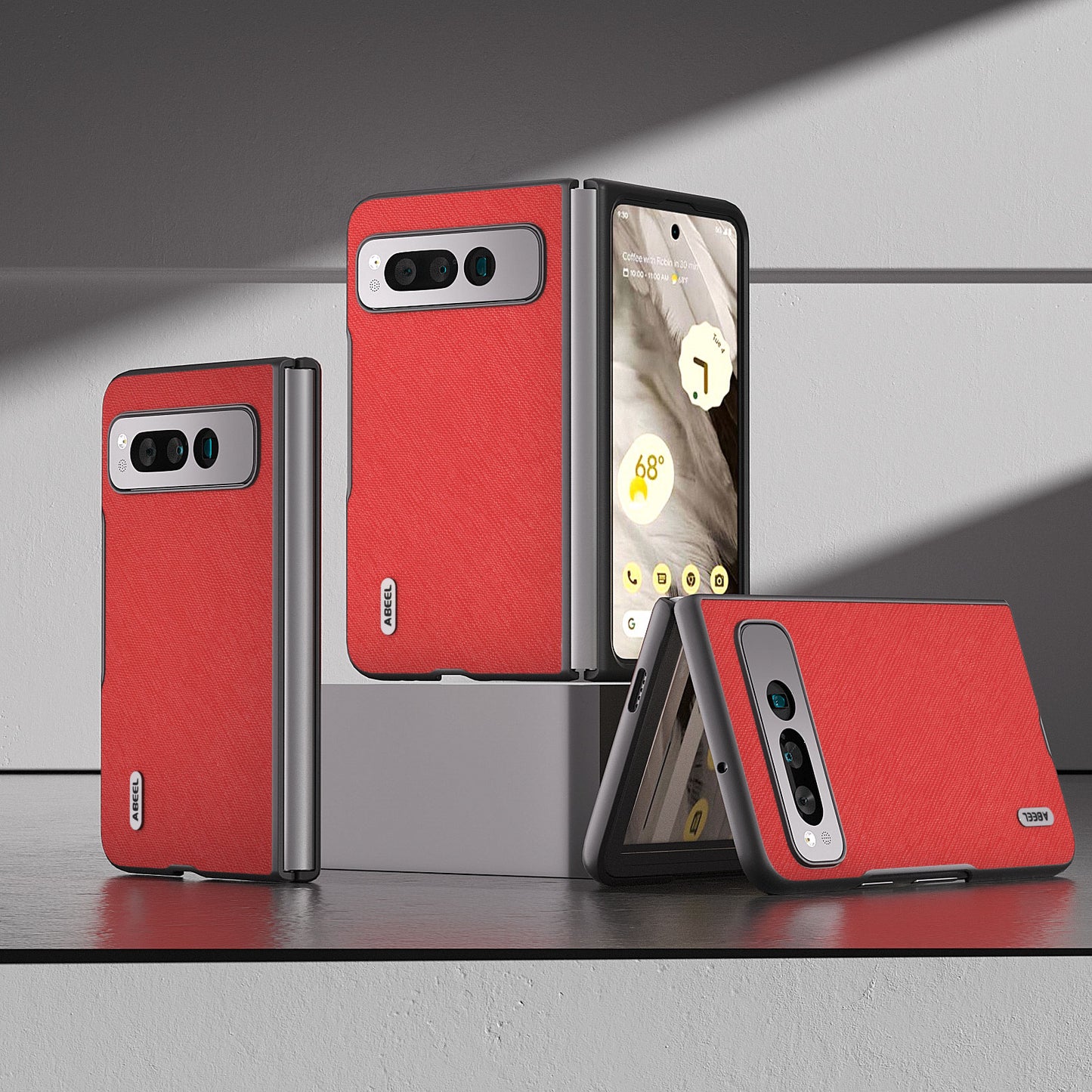 Uniqkart for Google Pixel Fold Cell Phone Case Cowhide Leather + PC Cross Texture Cover - Red