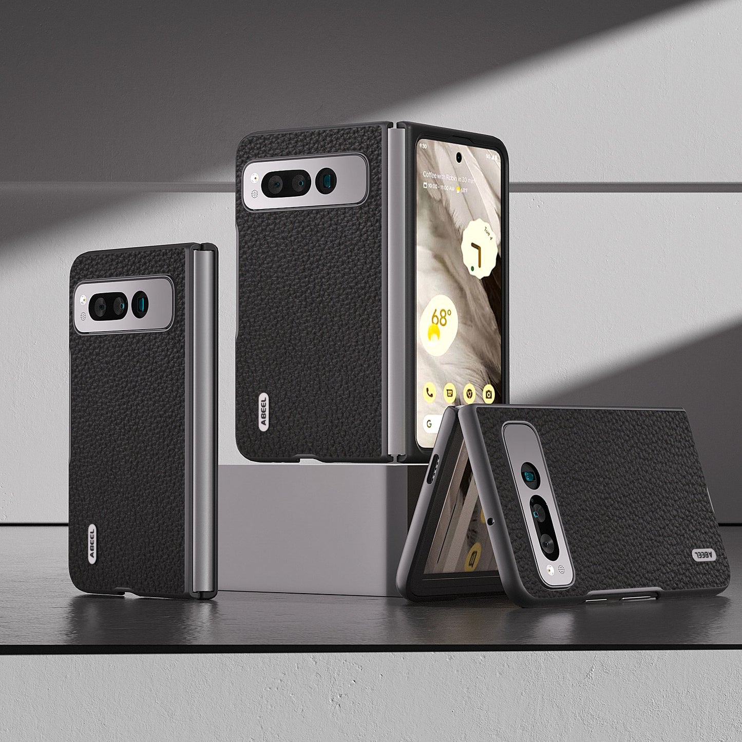 Uniqkart For Google Pixel Fold Litchi Texture Phone Case Cowhide Leather Coated PC Anti-Scratch Cover - Black