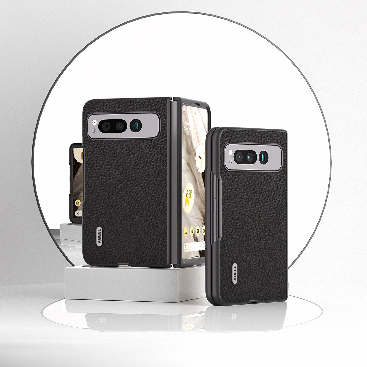 Uniqkart For Google Pixel Fold Litchi Texture Phone Case Cowhide Leather Coated PC Anti-Scratch Cover - Black