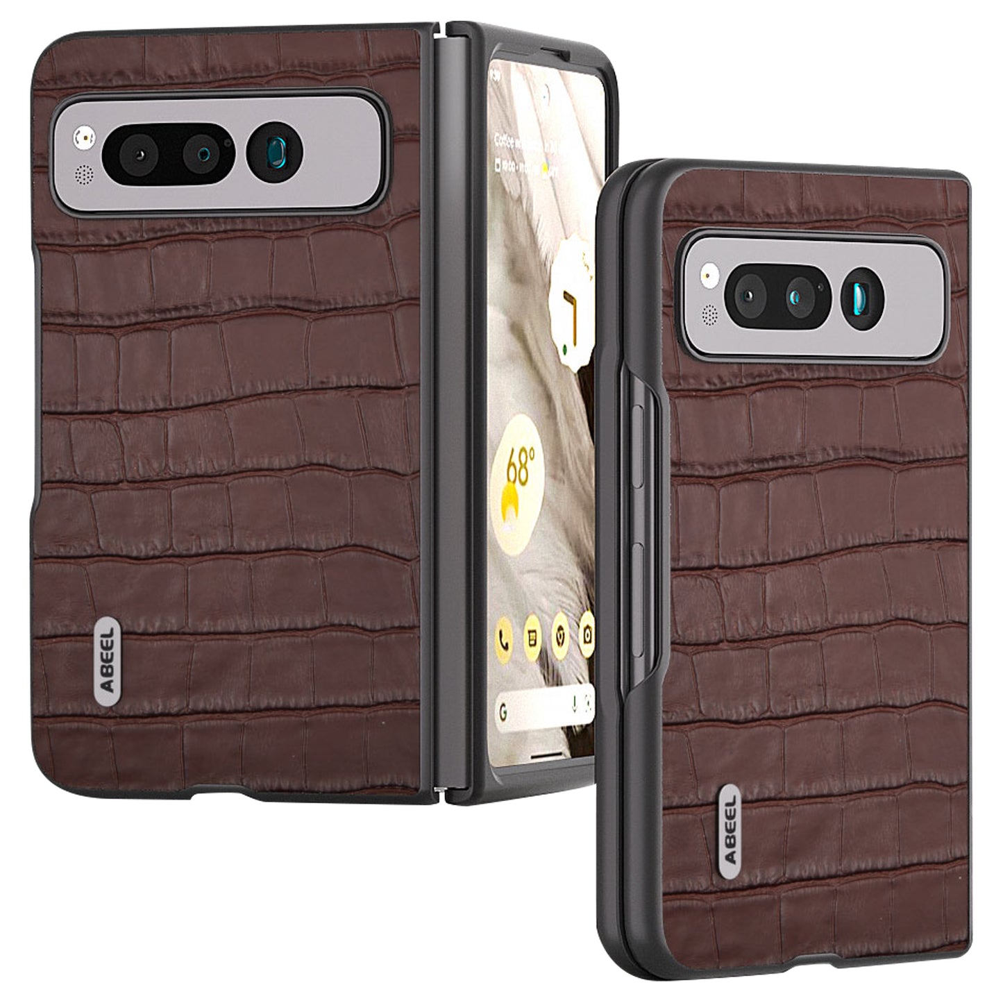 for Google Pixel Fold Genuine Cow Leather+PC Back Cover Crocodile Texture Drop Protection Phone Case - Brown