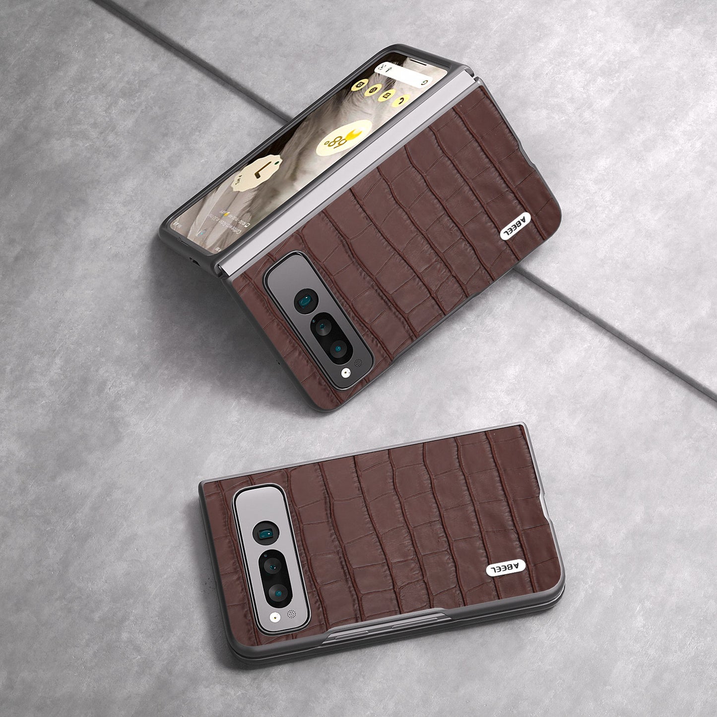 for Google Pixel Fold Genuine Cow Leather+PC Back Cover Crocodile Texture Drop Protection Phone Case - Brown