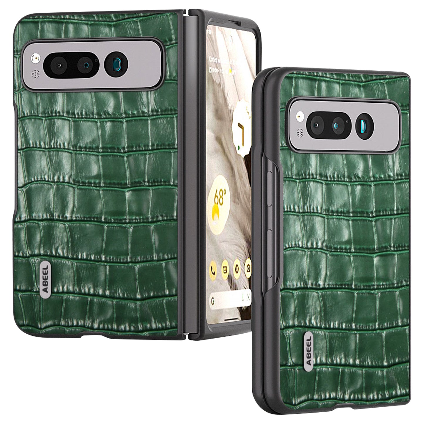 for Google Pixel Fold Genuine Cow Leather+PC Back Cover Crocodile Texture Drop Protection Phone Case - Green