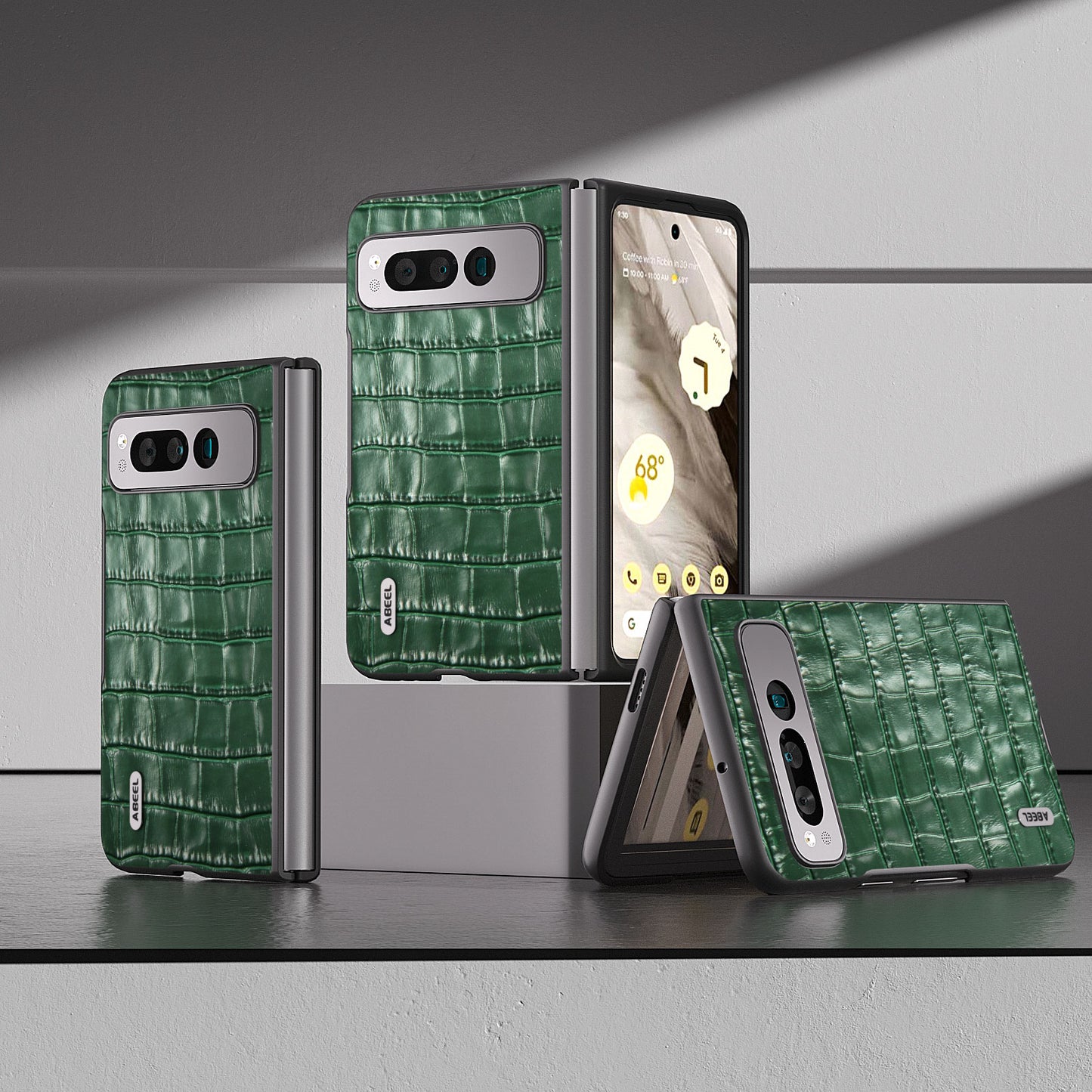 for Google Pixel Fold Genuine Cow Leather+PC Back Cover Crocodile Texture Drop Protection Phone Case - Green
