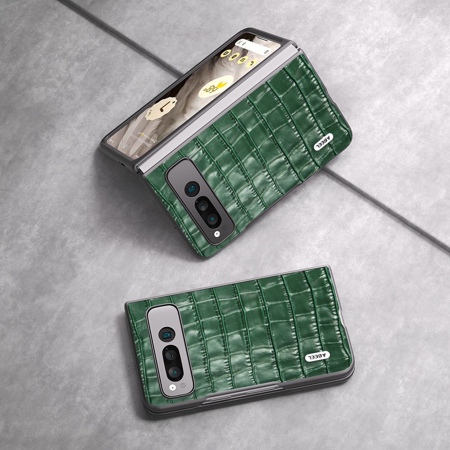 for Google Pixel Fold Genuine Cow Leather+PC Back Cover Crocodile Texture Drop Protection Phone Case - Green