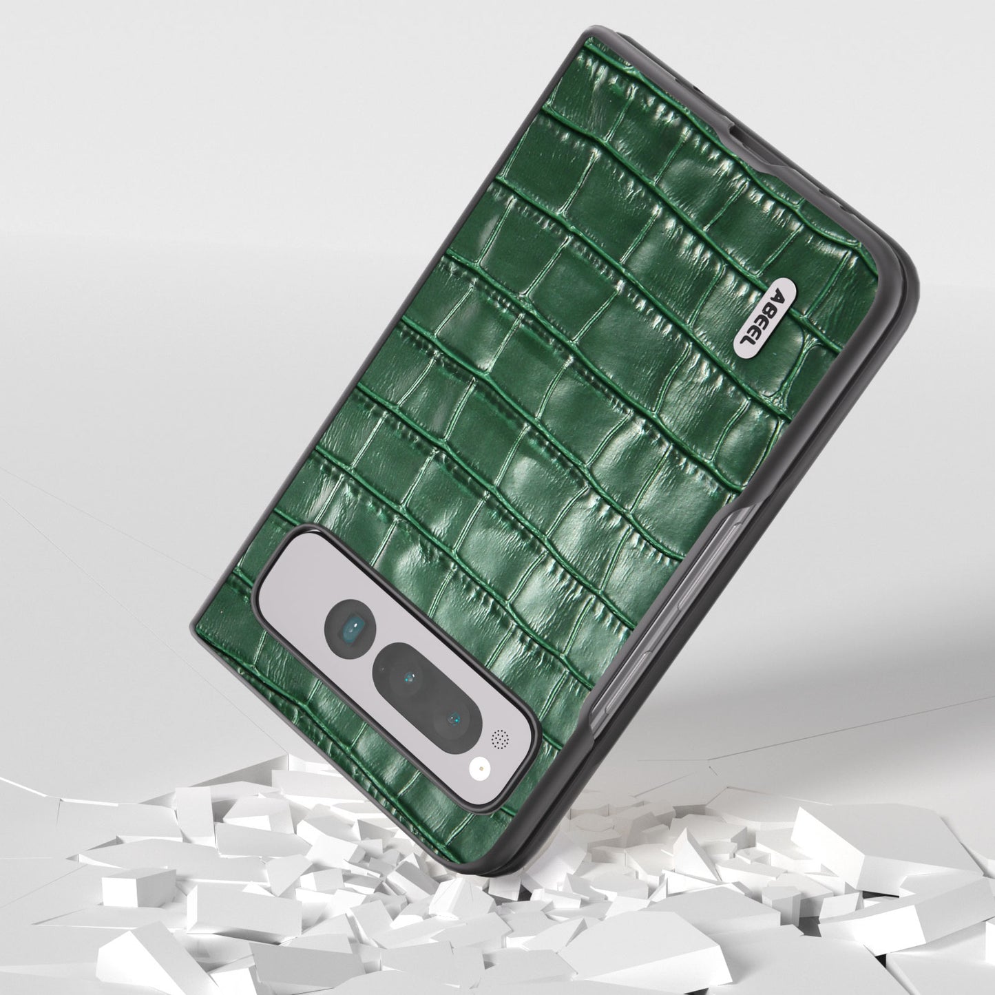 for Google Pixel Fold Genuine Cow Leather+PC Back Cover Crocodile Texture Drop Protection Phone Case - Green