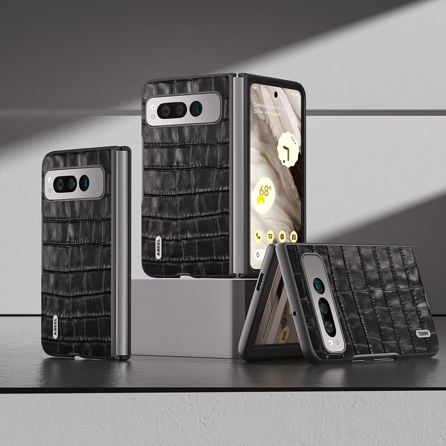 for Google Pixel Fold Genuine Cow Leather+PC Back Cover Crocodile Texture Drop Protection Phone Case - Black