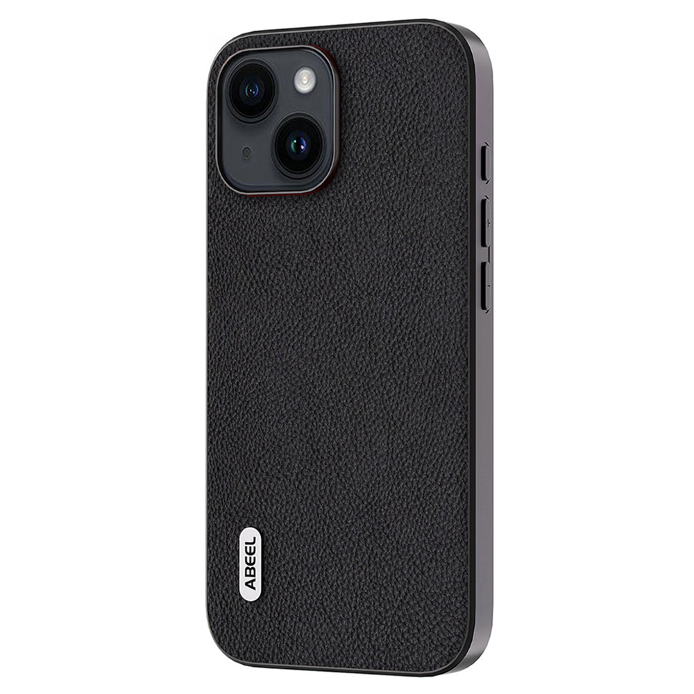 Cowhide Leather Coated PC+TPU Case for iPhone 15 Litchi Texture Shockproof Phone Cover - Black