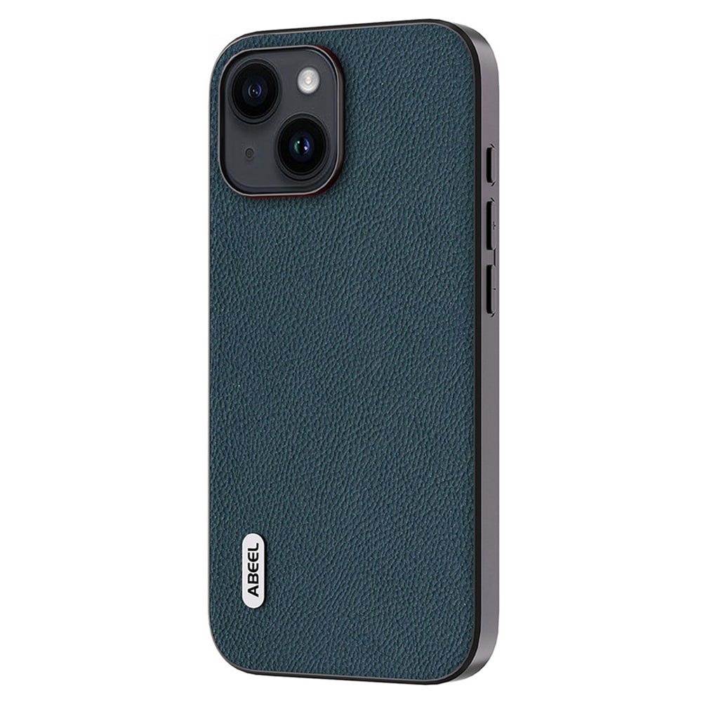 Uniqkart Cowhide Leather Coated PC+TPU Case for iPhone 15 Litchi Texture Shockproof Phone Cover - Green