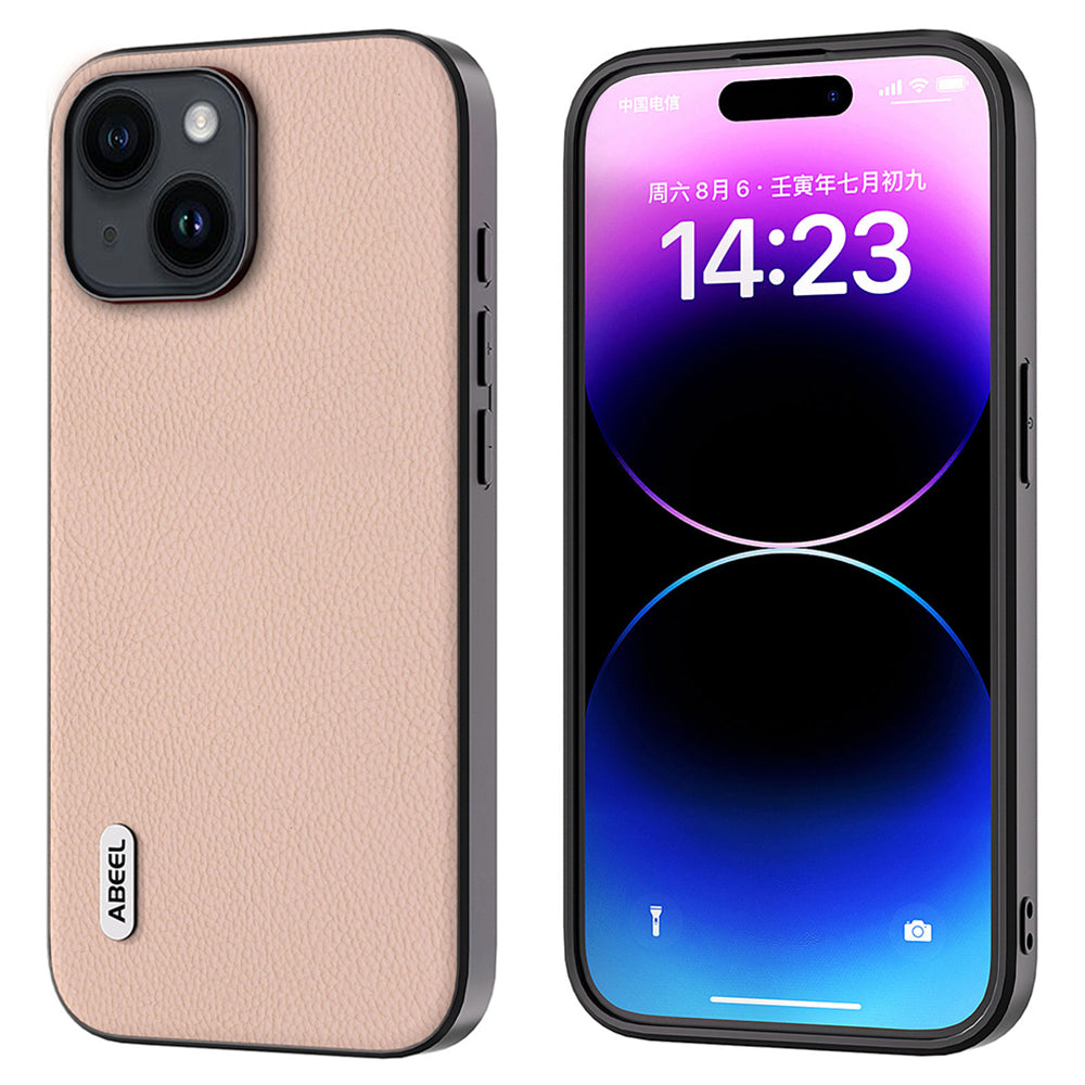 Cowhide Leather Coated PC+TPU Case for iPhone 15 Litchi Texture Shockproof Phone Cover - Pink