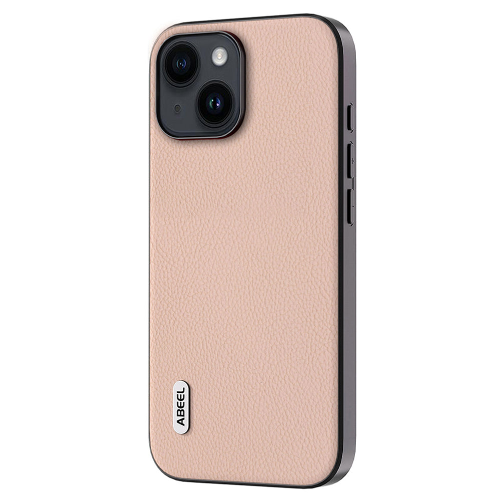 Cowhide Leather Coated PC+TPU Case for iPhone 15 Litchi Texture Shockproof Phone Cover - Pink