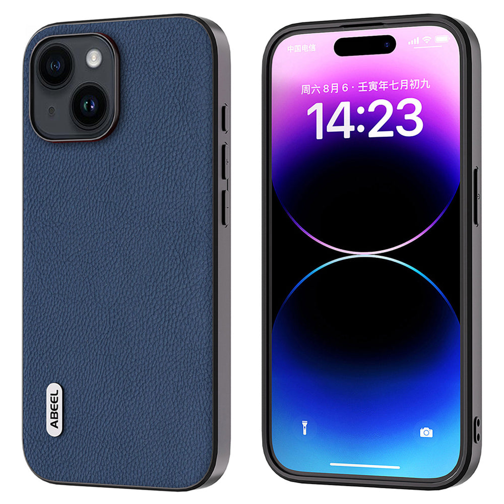 Cowhide Leather Coated PC+TPU Case for iPhone 15 Litchi Texture Shockproof Phone Cover - Blue