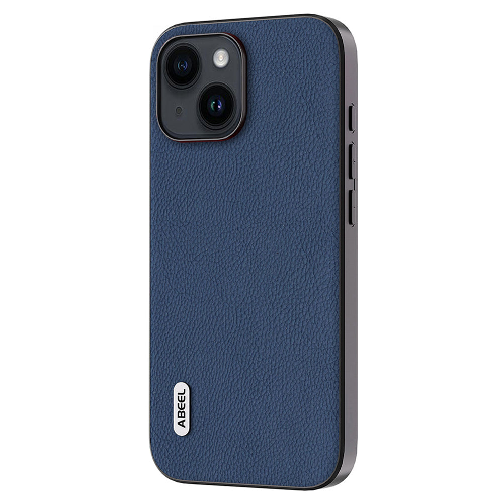 Cowhide Leather Coated PC+TPU Case for iPhone 15 Litchi Texture Shockproof Phone Cover - Blue
