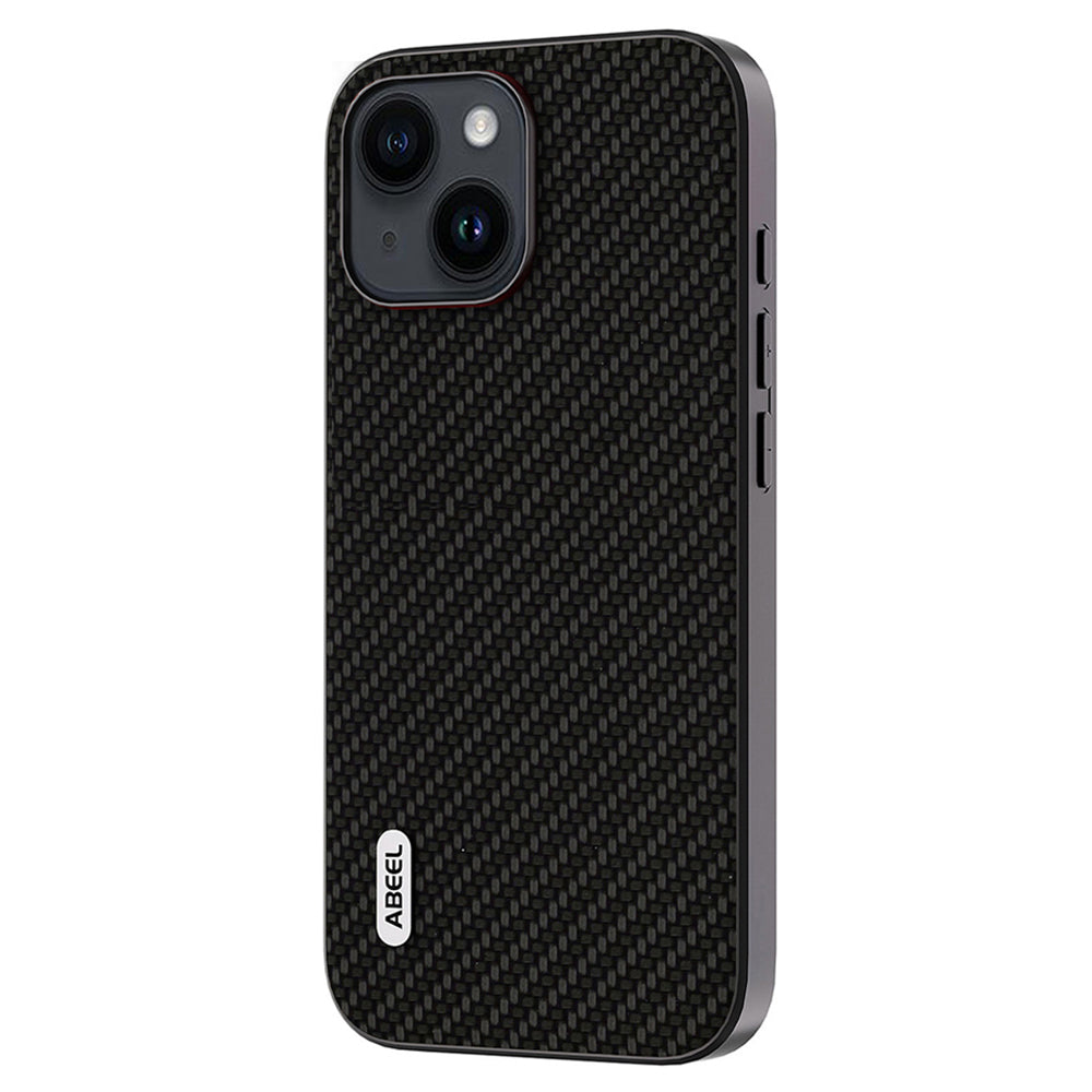 Uniqkart Carbon Fiber Texture Phone Case for iPhone 15 , PU Leather Coated PC+TPU Phone Cover - Black