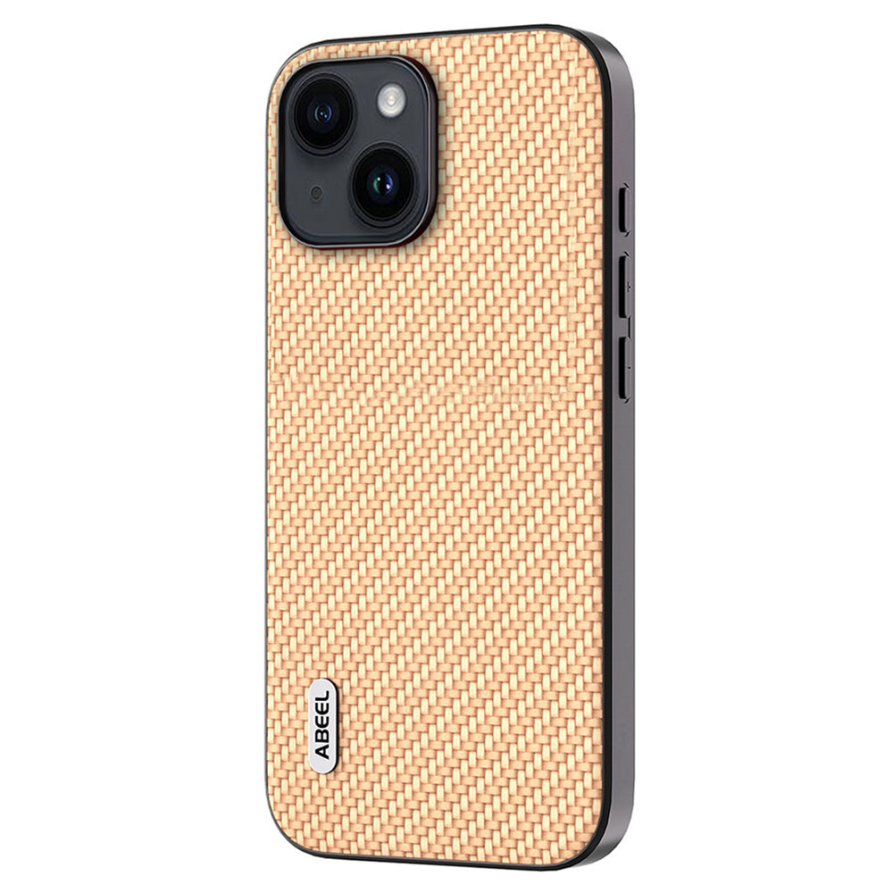 Uniqkart Carbon Fiber Texture Phone Case for iPhone 15 , PU Leather Coated PC+TPU Phone Cover - Light Yellow