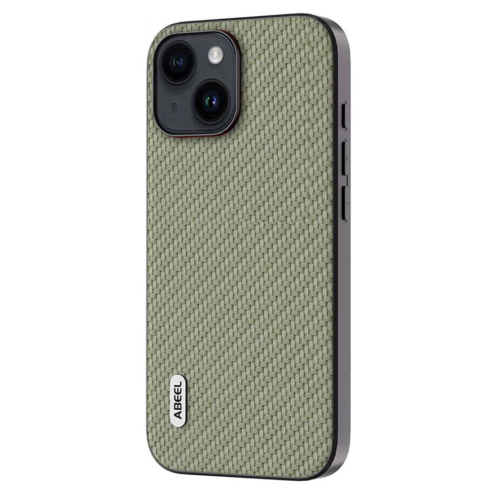 Uniqkart Carbon Fiber Texture Phone Case for iPhone 15 , PU Leather Coated PC+TPU Phone Cover - Green