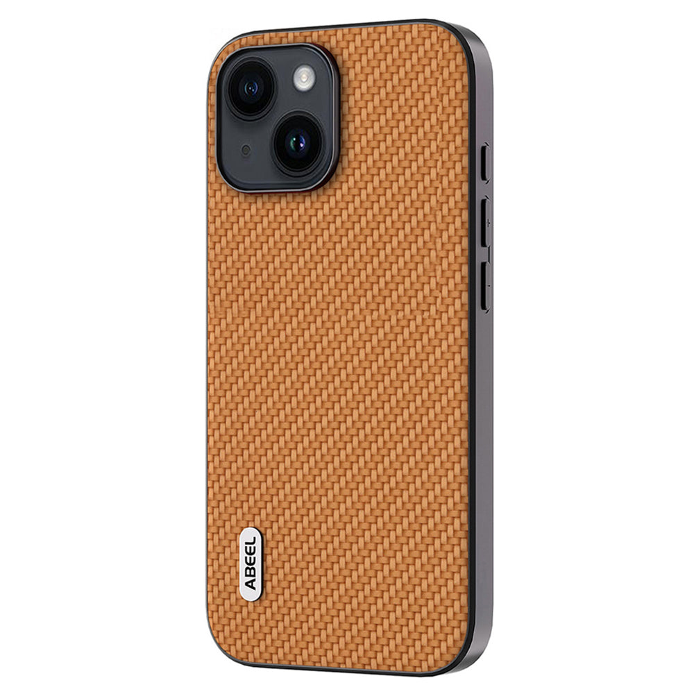 Uniqkart Carbon Fiber Texture Phone Case for iPhone 15 , PU Leather Coated PC+TPU Phone Cover - Light Brown
